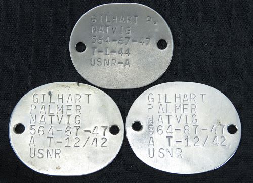 WWII USN THREE DOG TAG SET: CARRIER USS MONTEREY "PLANK OWNER"