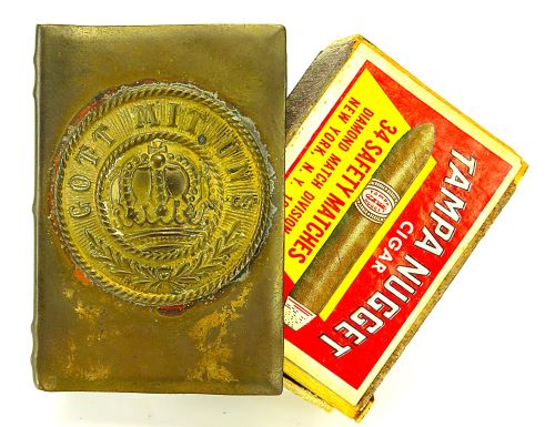 WWI GERMAN "GOTT MIT UNS" TRENCH ART MATCH BOX CASE & MATCHES